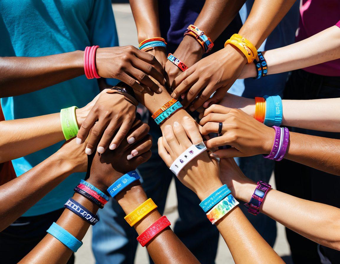 A close-up of colorful hero wristbands stacked together, each representing different social causes, set against a vibrant urban backdrop. In the background, a diverse group of people, including men and women of various ethnicities, proudly showing off their wristbands, symbolizing unity and empowerment. Bright sunlight casts a cheerful glow, enhancing the message of change and impact. super-realistic. vibrant colors. urban setting.