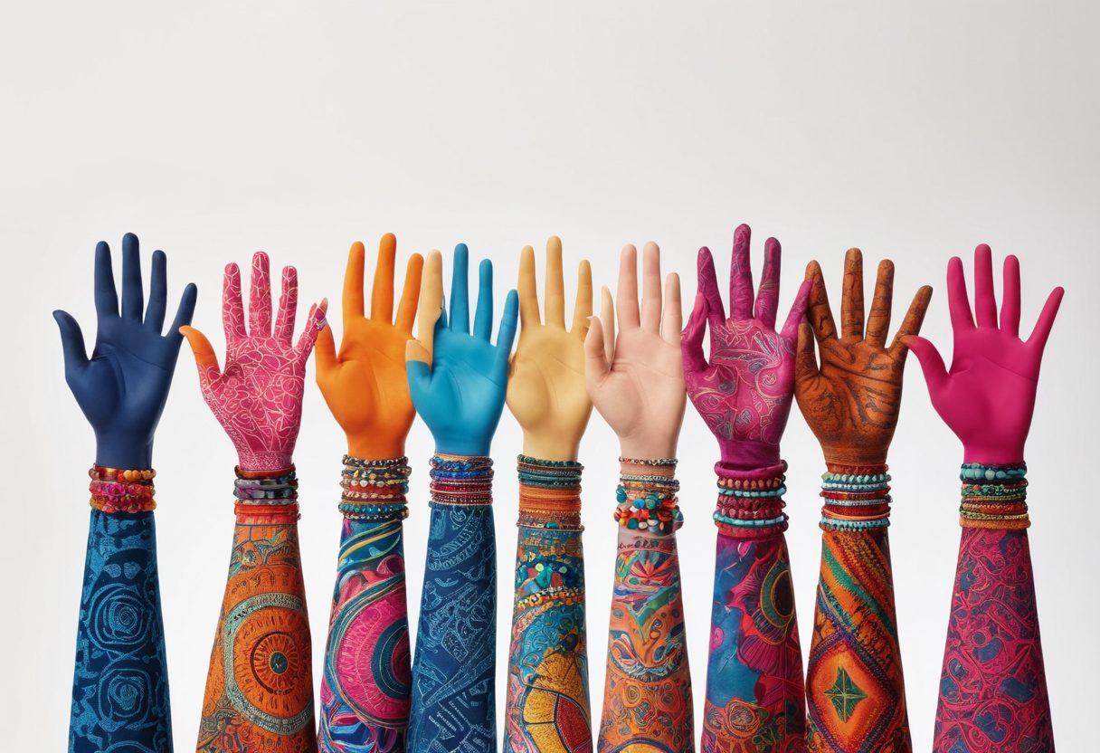 A vibrant collection of stylish support bands in diverse colors and designs, elegantly displayed on a mannequin against a backdrop of social change symbols, like peace signs and fists raised in solidarity. The scene includes an array of textured fabrics and patterns that represent various causes, radiating a sense of empowerment and activism. Soft lighting enhances the jewelry-like quality of the bands, inviting viewers to join the revolution. colorful, super-realistic, vibrant colors, white background.