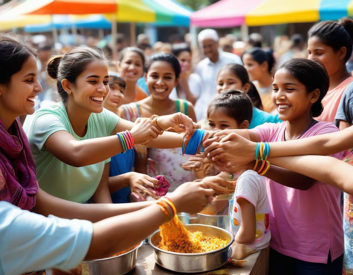 A vibrant scene depicting diverse individuals wearing colorful awareness wristbands, engaged in a lively community fundraising event. Background shows banners promoting charity causes, with people interacting, donating, and smiling together. Include elements of community spirit, like food stalls and games, conveying a sense of unity and purpose. Super-realistic. Bright, energetic colors. Focus on emotions and community engagement.